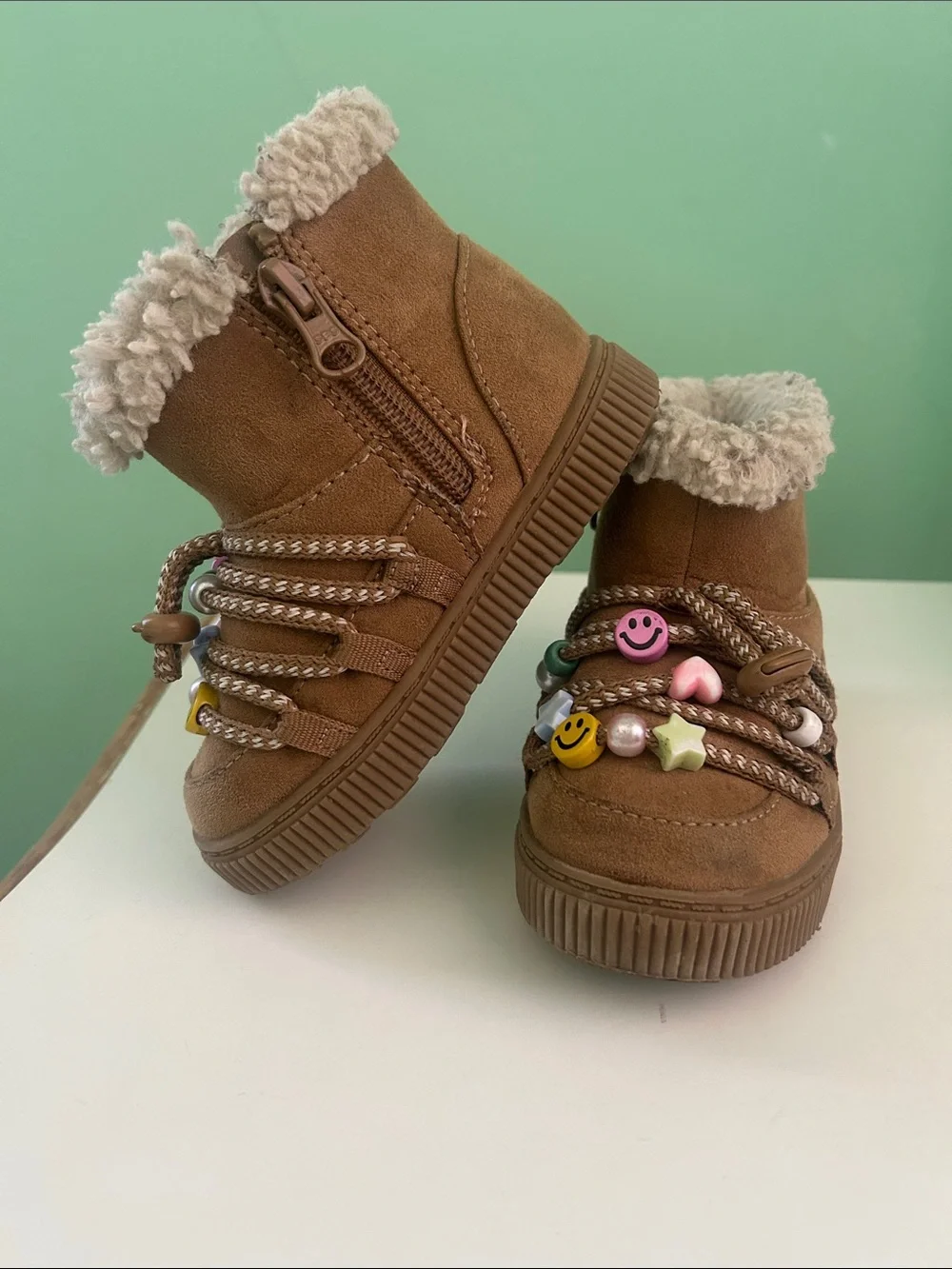 Kids Brown Faux-Suede Winter Boots with Smiley Bead Accents